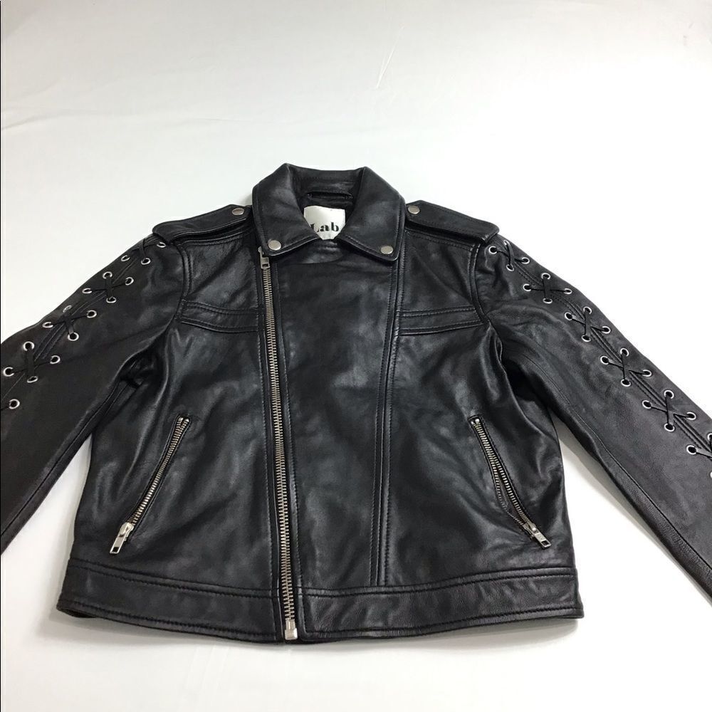 Lab London Black Leather Moto Biker Jacket Lattice Sleeve Size Medium - Picture 5 of 10